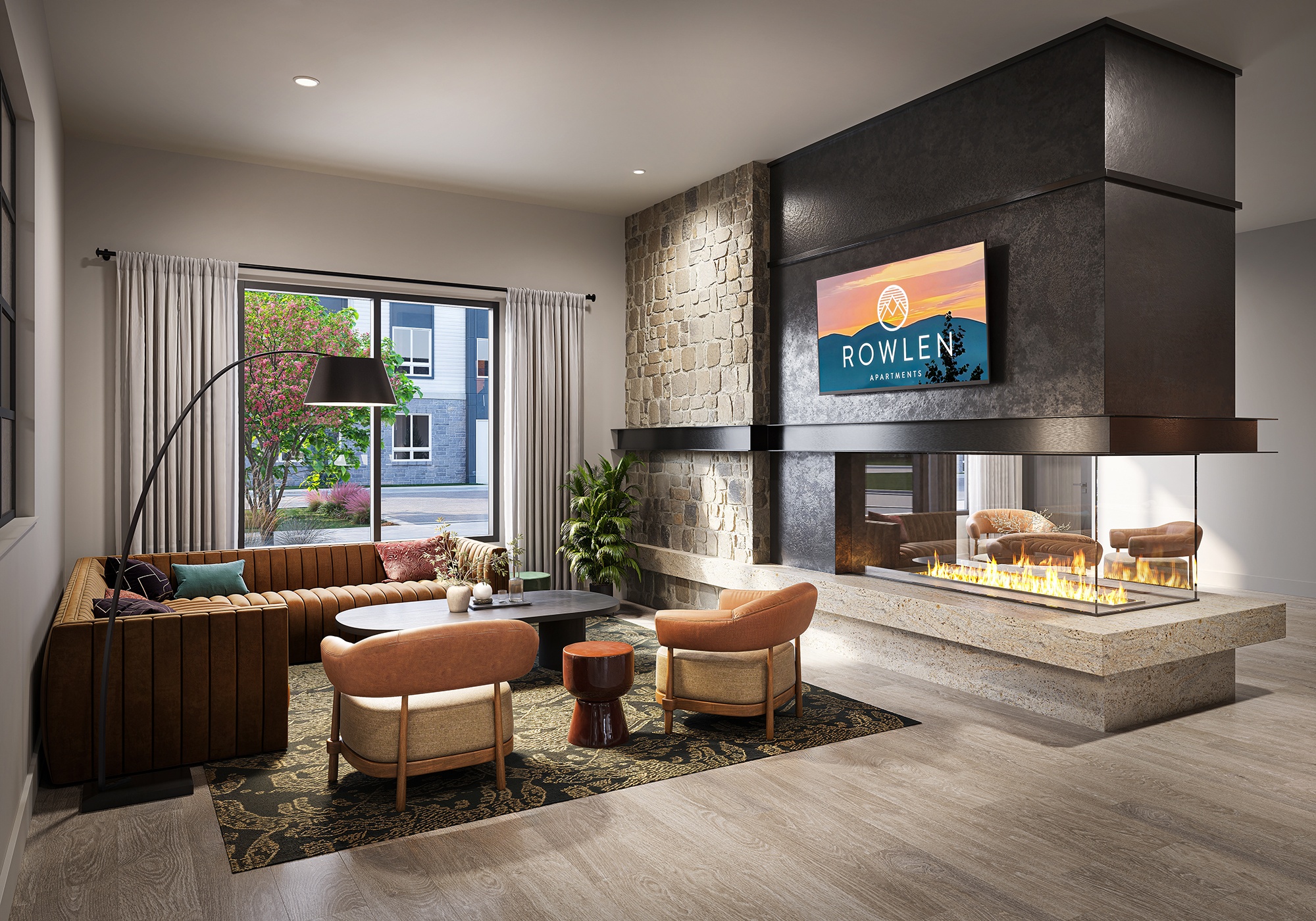 Social lounge TV area at Rowlen Apartments in Broomfield CO